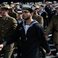 Members of the Royal Australian Navy and the Australian Army participate in an ANZAC Day March in Sydney, Australia, April 25, 2026. (Reuters/Hollie Adams)
