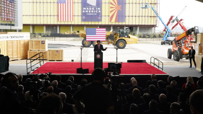 Taiwan Semiconductor Manufacturing Company Chairman Mark Liu speaks in front of the new TSMC facility under construction in Phoenix, Tuesday, Dec. 6, 2022. (AP Photo/Ross D. Franklin)