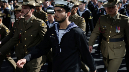 Members of the Royal Australian Navy and the Australian Army participate in an ANZAC Day March in Sydney, Australia, April 25, 2026. (Reuters/Hollie Adams)