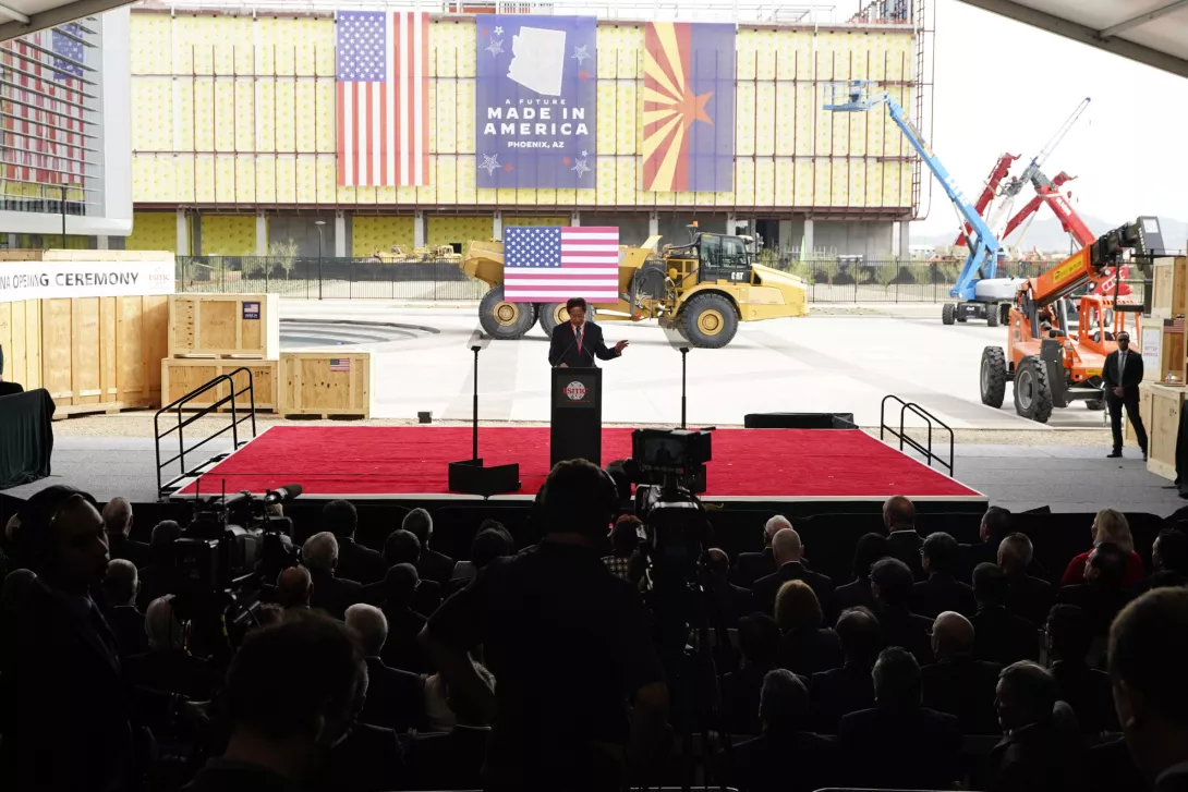 Taiwan Semiconductor Manufacturing Company Chairman Mark Liu speaks in front of the new TSMC facility under construction in Phoenix, Tuesday, Dec. 6, 2022. (AP Photo/Ross D. Franklin)