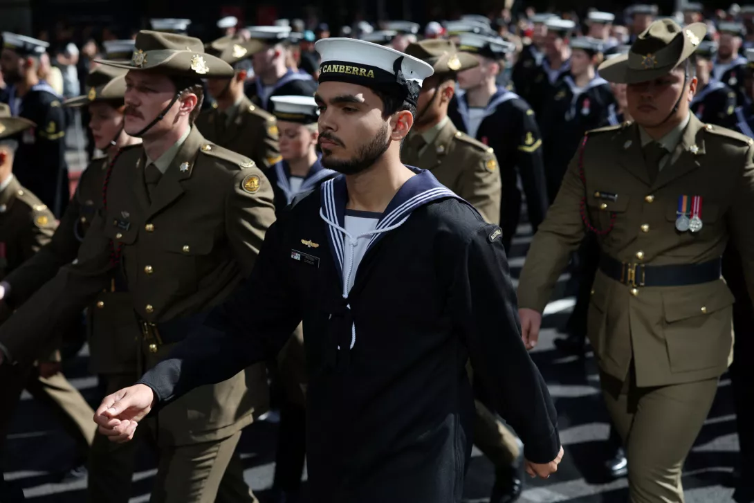 Members of the Royal Australian Navy and the Australian Army participate in an ANZAC Day March in Sydney, Australia, April 25, 2026. (Reuters/Hollie Adams)